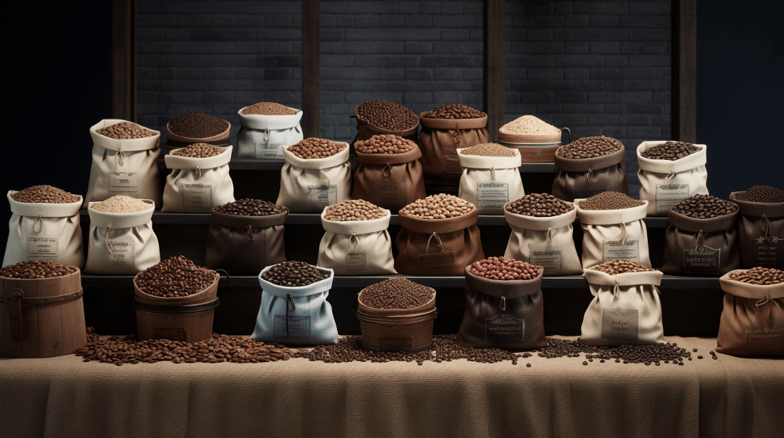 Une image ultra-réaliste mettant en avant une gamme diversifiée de sacs de café en grain. Chaque sac signifie une variété ou une origine unique, encourageant les amateurs de café à explorer l'association parfaite de grains pour une expérience de dégustation inégalée avec cette machine haut de gamme.