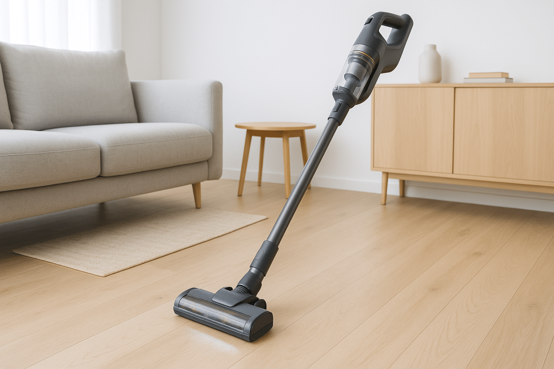 Aspirateur balai sans fil dans un salon scandinave lumineux avec parquet clair, illustration promo rentrée