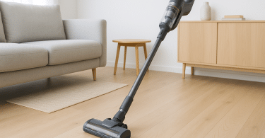 Aspirateur balai sans fil dans un salon scandinave lumineux avec parquet clair, illustration promo rentrée