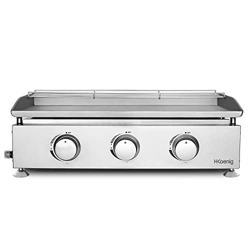H.Koenig Plancha PLX930 au Gaz 3 Brûleurs U Acier Inoxydable, Alimentation au Gaz Propane ou Butane, Répartition Homogène de la Chaleur, Température réglable jusqu'à 350°C, Pieds Antidérapants