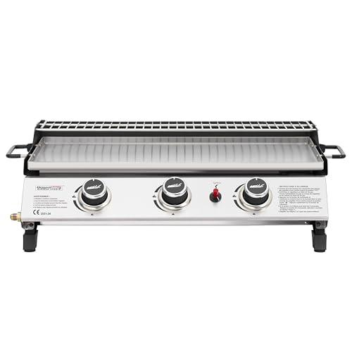 Royal Gourmet Plancha Gaz Propane en Acier Inoxydable, 3 Brûleurs Puissance 7.5kW, Surface Cuisson 61,5 x 32cm avec Grille de Réchauffage, Adapté pour Le Camping et l' Extérieur, Argent