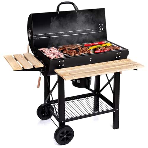 LEHMANN Barbecue Charbon de Bois avec Grille de Cuisson XL, avec Deux Étagères en Bois, Couvercle, Roulettes et Poignée non Chauffante, Barbecue à Charbon pour le Jardin, la Terrasse, le Camping