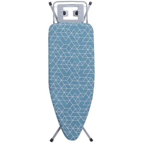 STANEW Table à Repasser 120 x 45 cm,Planche à Repasser Pliable,Système Anti-Fermeture,Hauteur Réglable,avec Housse en 100% Coton,Support de Fer Intégré, Pieds Antidérapants(Bleu géométrique)
