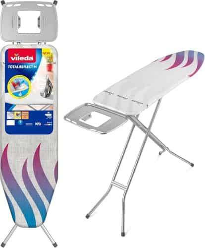 Vileda Planche à Repasser Total Reflect M, Table à Repasser avec Technologie de réflexion de la Chaleur et de la Vapeur, Repassage Rapide, 120x38 cm, Hauteur réglable 76-96 cm