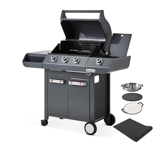 BRASERO BY FAVEX - Barbecue gaz Emma 3 brûleurs + Side – 11,95 kW – Grille fonte FLEXIGRILL – Pack Switch Grid inclus (pizza, saisie, volaille) – Tapis 119 x 81 cm
