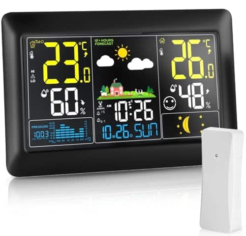 Gros Station Météo Interieur Exterieur Sans Fil, Écran VA de 7,5 pouces, couleur avec indication de la température intérieure et extérieure ainsi que de l'humidité DC Noir