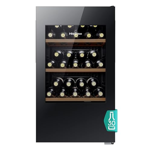 Hisense MWC4894GF – Cave à Vin 30 Bouteilles, Monotemperature, Vitres Anti-UV, Étagères en Bois, Écran Tactile, Éclairage LED, Année 2023