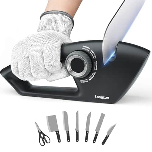 longzon Aiguiseur Couteaux, 5 en 1 Affuteur Couteau Professionnel avec une paire de Gants Anti-coupure, Aiguiseurs Manuels de Couteaux à Bouton Réglable, pour Couteaux en Acier et Dentelés