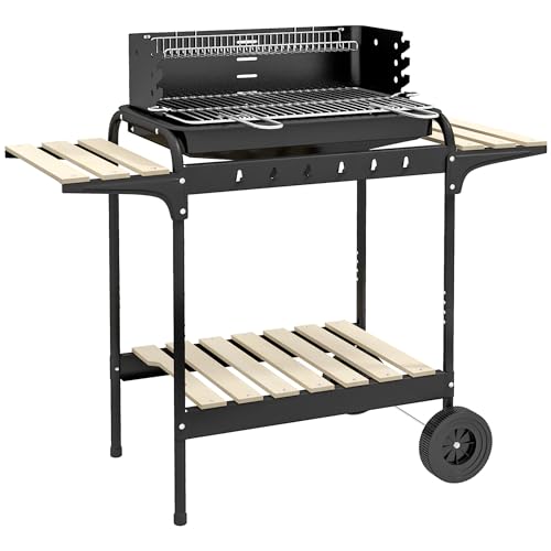 Outsunny Barbecue à charbon BBQ grill sur pied avec gril réglable 2 roues et 3 étagères récupérateur de cendres 103 x 47 x 95 cm noir