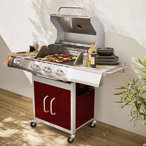 Alice's Garden - Barbecue gaz inox 14kW - Richelieu Rouge - Barbecue 4 brûleurs dont 1 feu latéral. côté grill et côté plancha