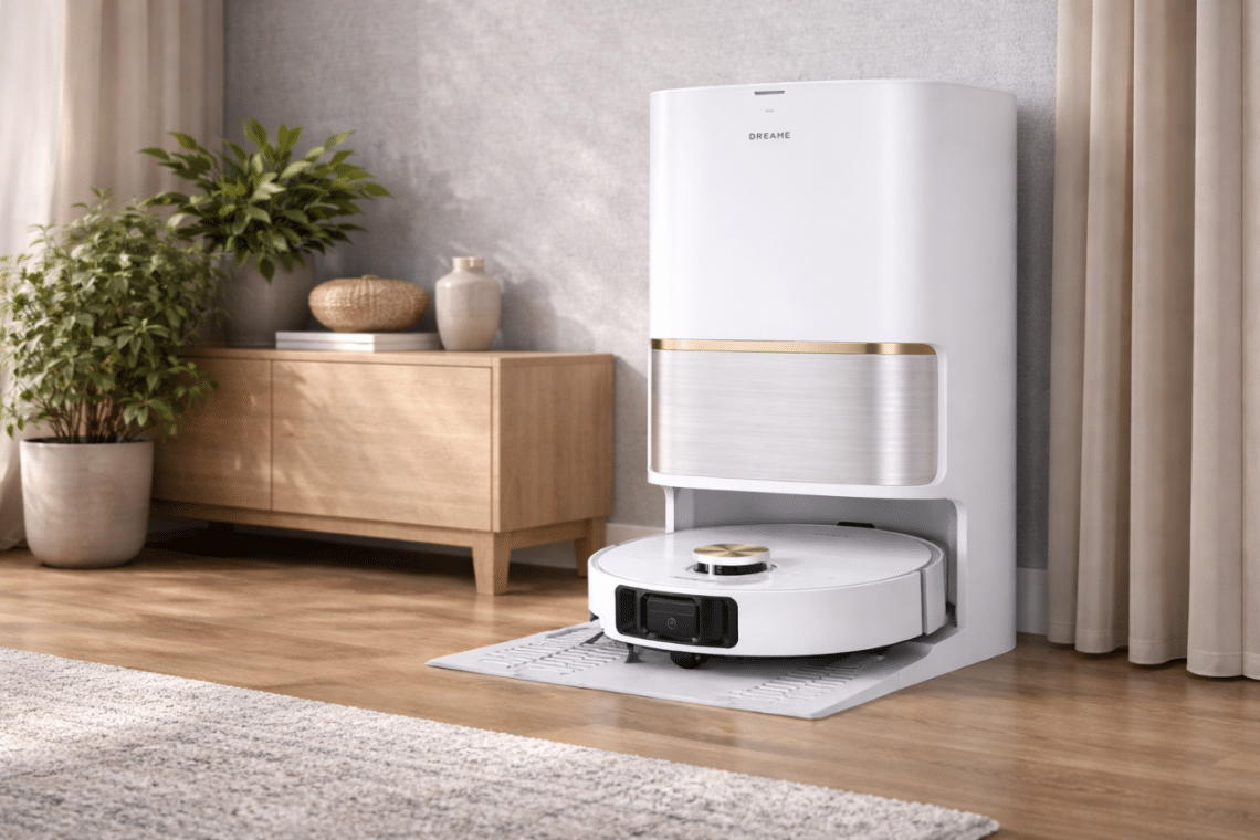 Robot aspirateur laveur Dreame L50 Ultra AE avec station automatique dans un salon lumineux