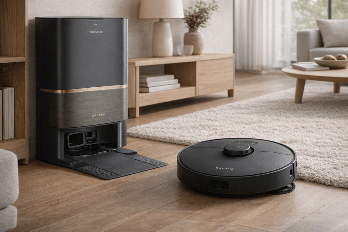 Robot aspirateur laveur Dreame L50s Pro Ultra avec station automatique dans un salon lumineux