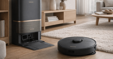 Robot aspirateur laveur Dreame L50s Pro Ultra avec station automatique dans un salon lumineux