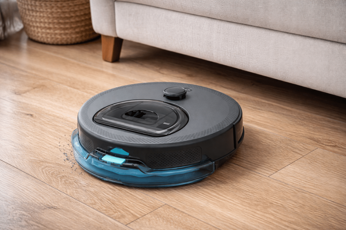 Robot aspirateur laveur Lefant M330 Pro en situation dans un salon sur sol dur