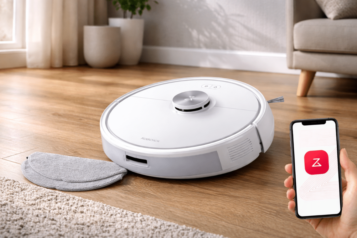 Robot aspirateur Roborock Q7 M5 sur parquet dans un salon lumineux avec application mobile
