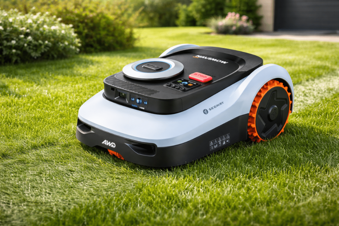 Robot tondeuse Segway Navimow i210 LiDAR Pro sur pelouse dans un jardin ensoleillé