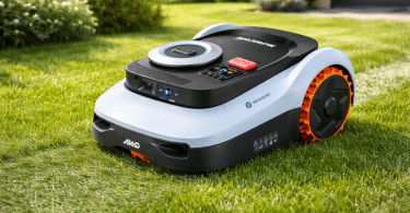 Robot tondeuse Segway Navimow i210 LiDAR Pro sur pelouse dans un jardin ensoleillé