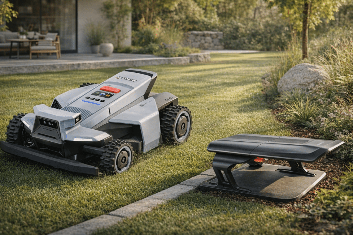 Segway Navimow X420 dans un jardin avec sa station de charge à proximité