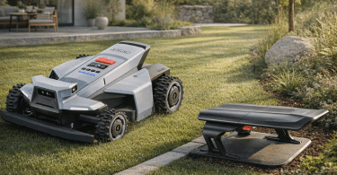 Segway Navimow X420 dans un jardin avec sa station de charge à proximité