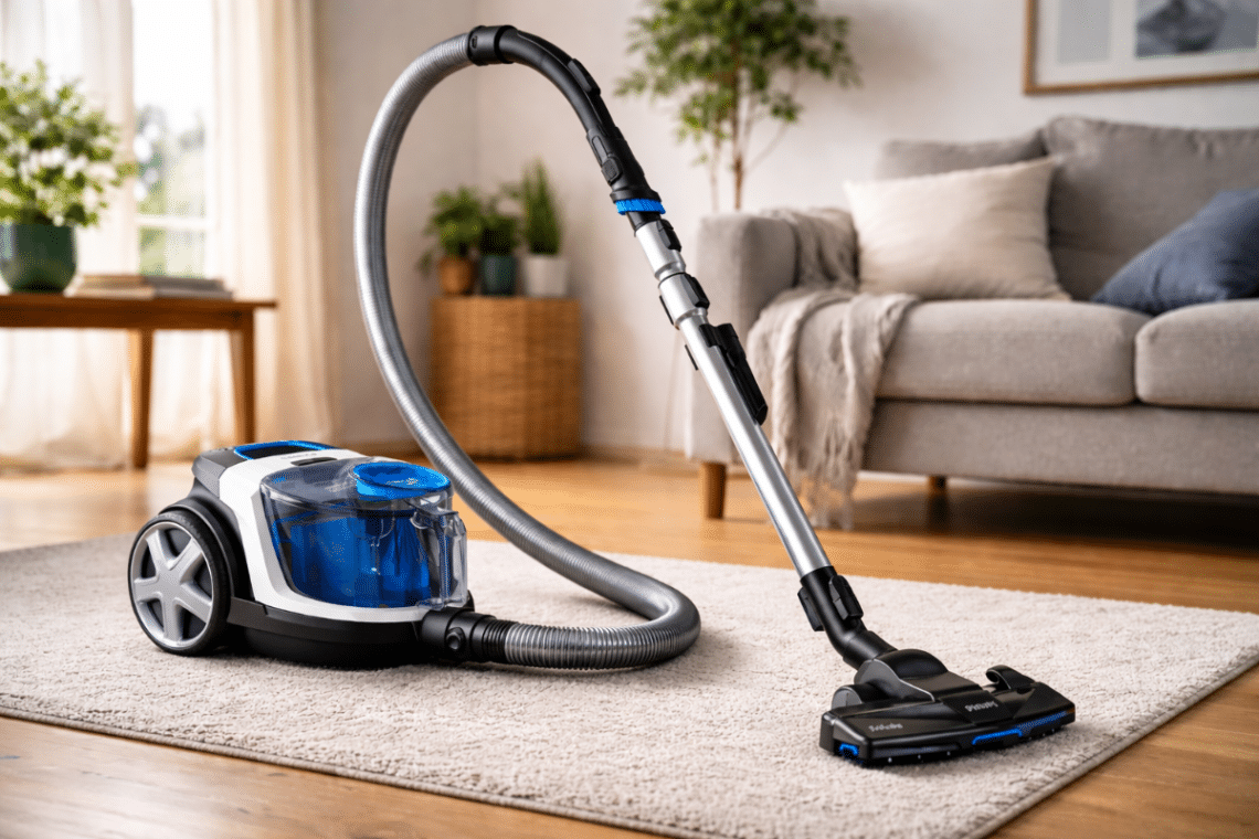 Aspirateur traîneau utilisé sur un tapis dans un salon lumineux