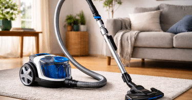 Aspirateur traîneau utilisé sur un tapis dans un salon lumineux
