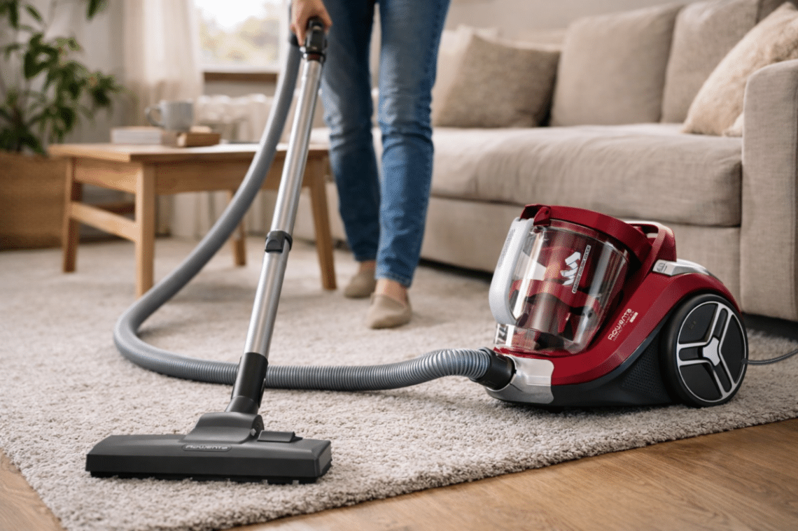 Une personne utilise un aspirateur sans sac Rowenta rouge pour nettoyer un tapis dans un salon.