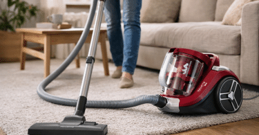 Une personne utilise un aspirateur sans sac Rowenta rouge pour nettoyer un tapis dans un salon.