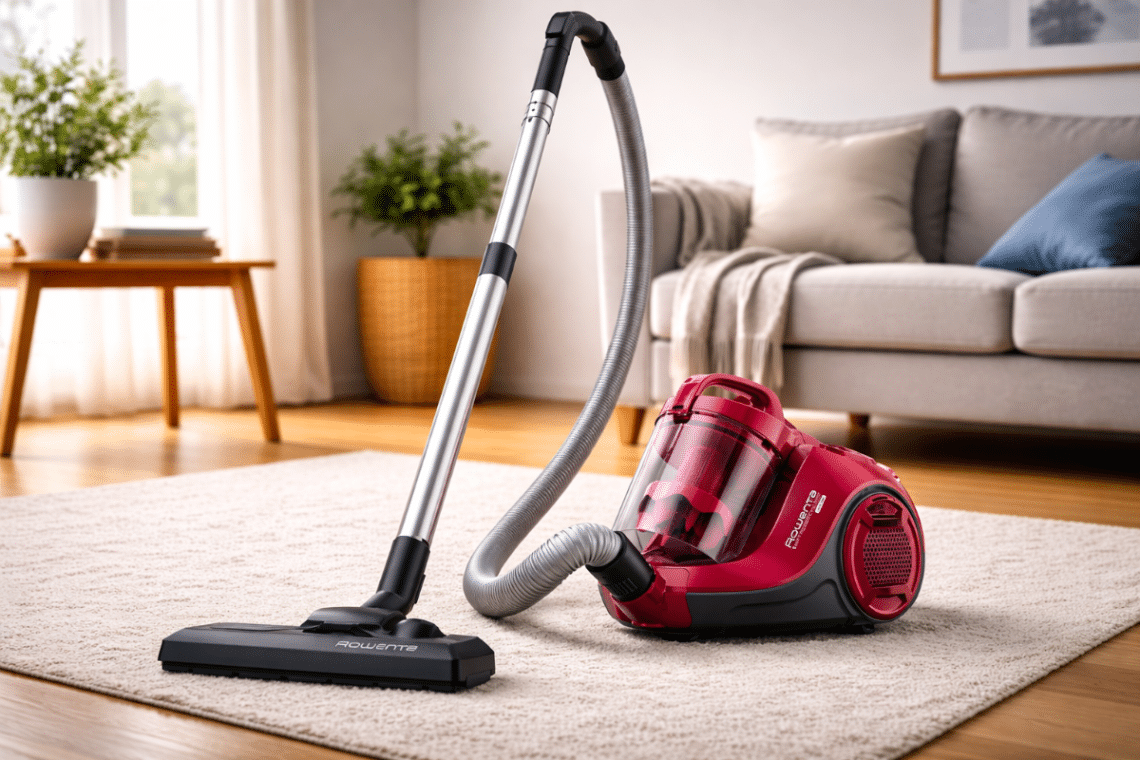 Aspirateur sans sac Rowenta Swift Power Cyclonic RO2933EA posé sur un tapis dans un salon