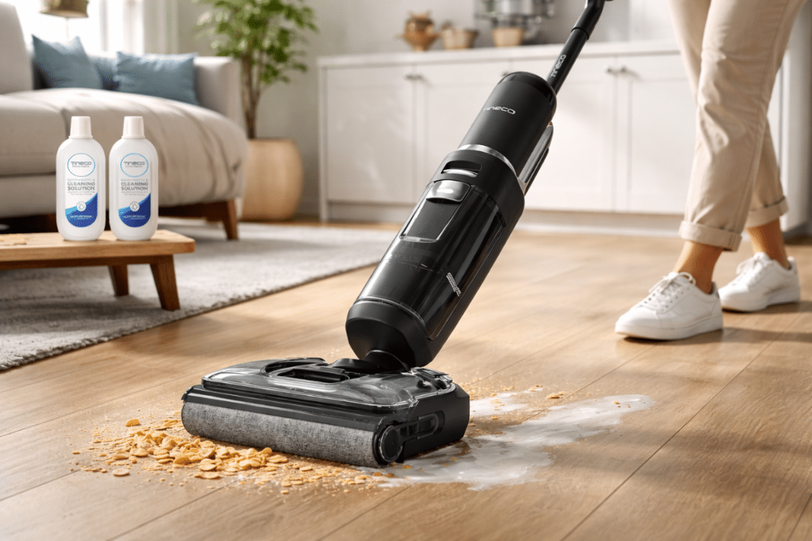 Laveur de sol Tineco Floor One S5 nettoyant du lait et des céréales sur un sol dur dans une pièce de vie lumineuse.