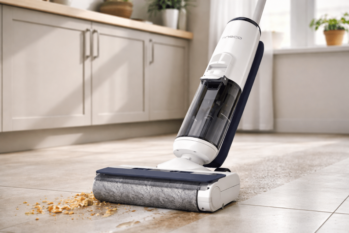 Tineco iFLOOR 5 Breeze Complete en situation de nettoyage sur sol carrelé dans une cuisine